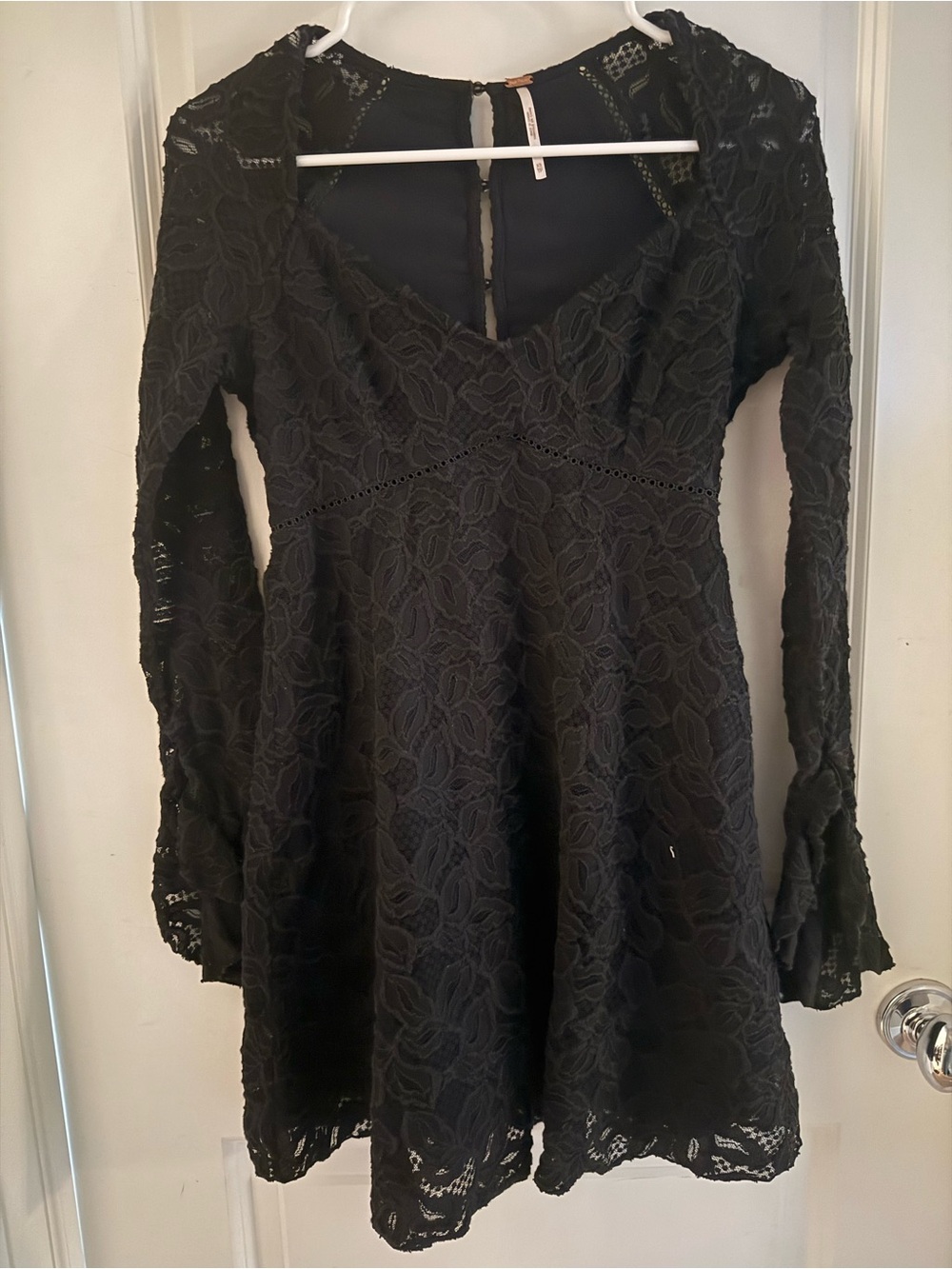 Free People Black Floral Lace Mini Dress XS Bell Sleeve Open Back Boho